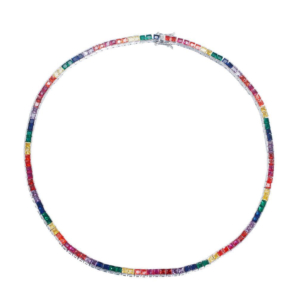 Hip Hop Single Row Diamond Rainbow Zircon Necklace 4Mm Color T Square Zircon Tennis Chain Hipster Jewelry