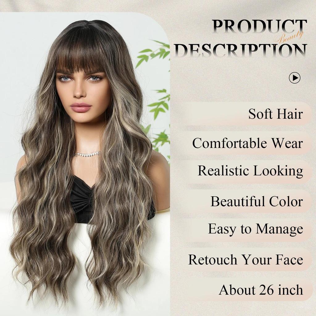 EASIHAIR Ash Brown Highlight Synthetic Wigs Long Wavy Wig With Bangs for Women Ombre Mixed Color Daily Use Wig Heat Resistant