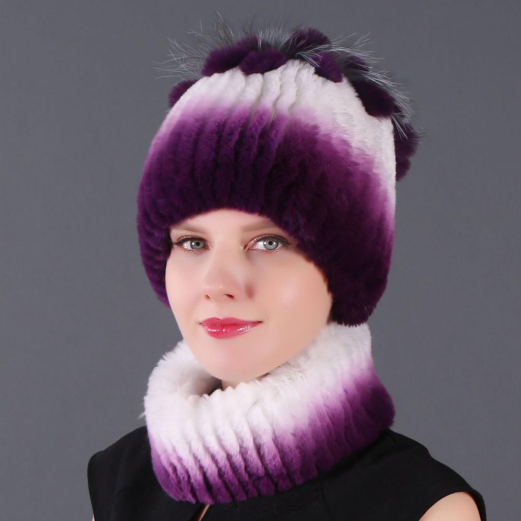 Women's New Rex Rabbit Short Dye Plus Black Fox Hair Hat Scarf Two-piece Set, Winter Warm Woven Fur Hat