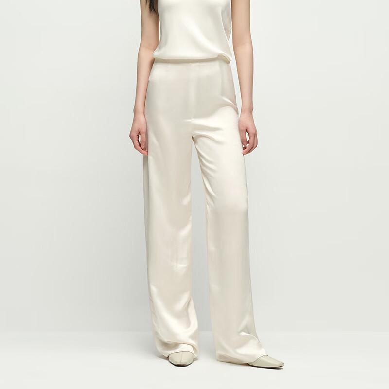 OVVOVV Women's Embossed Satin Elastic Waist Straight Leg Casual Pants