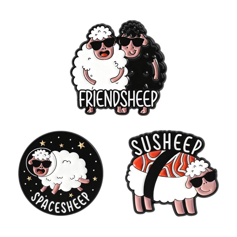 Cartoon Fluffy Sheep Enamel Pin Funny Pun Friendsheep Astronaut Spacesheep Susheep Brooch Lapel Badge Jewelry Gifts for Friends