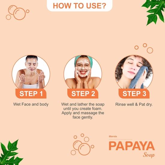 Morvin Papaya Bath Soap Bar - Enriched with Papaya Extract, Kojic Acid & Shea Butter for Dark Spot & Acne Removal – (75gm, Pack of 6).