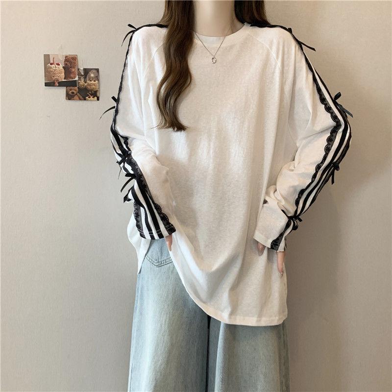 

Повседневная футболка с длинным рукавом и круглым вырезом, кружевная лоскутная свободная женская одежда, корейские топы средней длины L белый