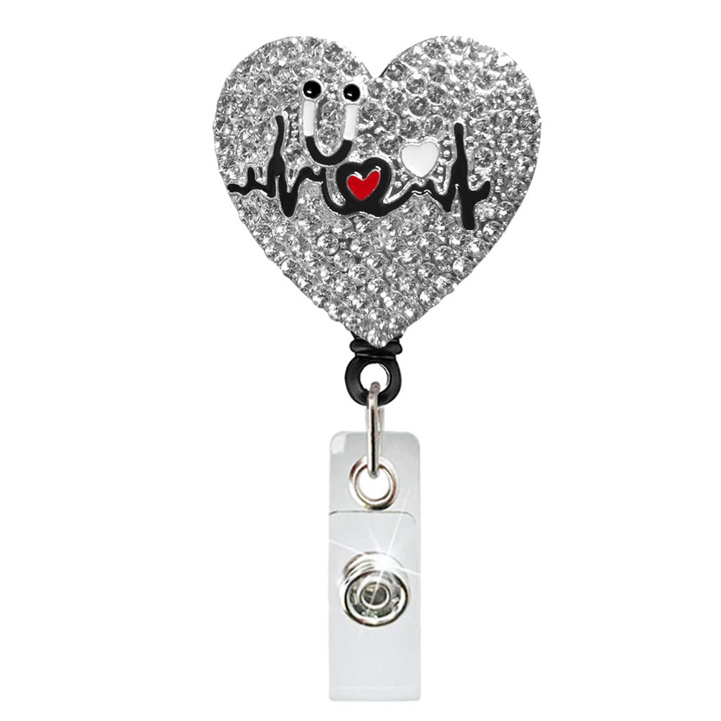 Rhinestone Heart Shape EKG Syringe Stethoscope Rotating Badge Holder Retractable Badge Reel Gift for Doctor and Nurse