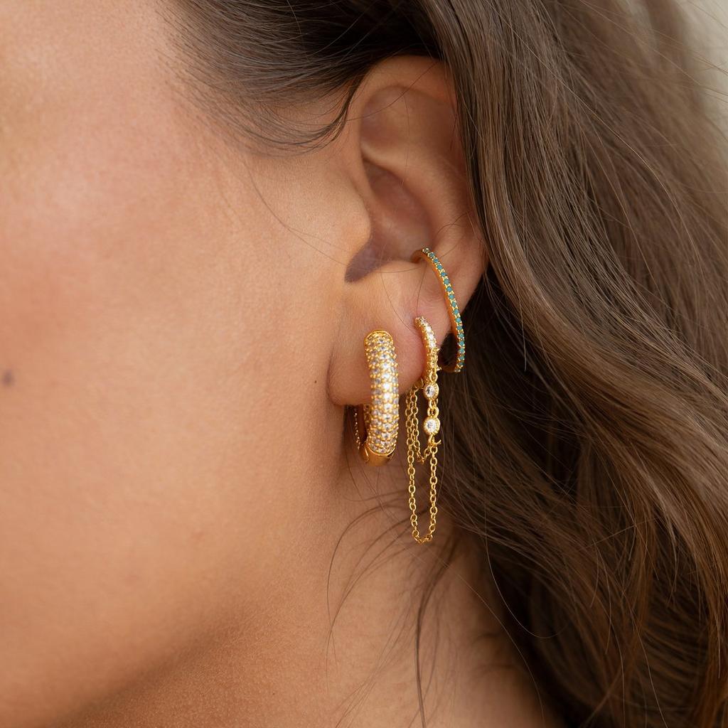 2PCS New Fashion Gold Color Crystal Zirconia Chain Hoop Earrings Women Small Pendant Star Ear Cartilage Earring Piercing Jewelry
