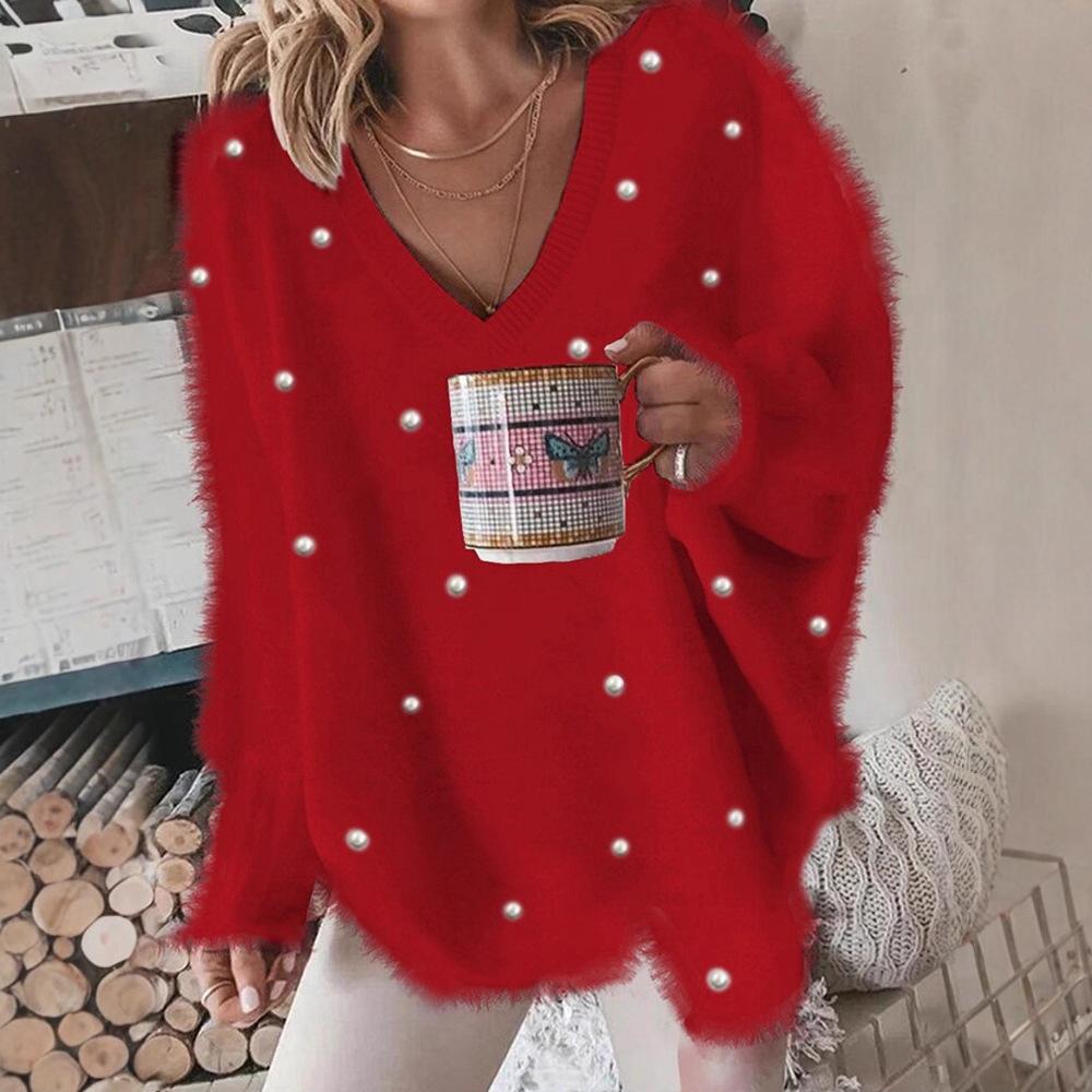 2025 A/W V-Neck Beaded Solid Color Sweater for Women