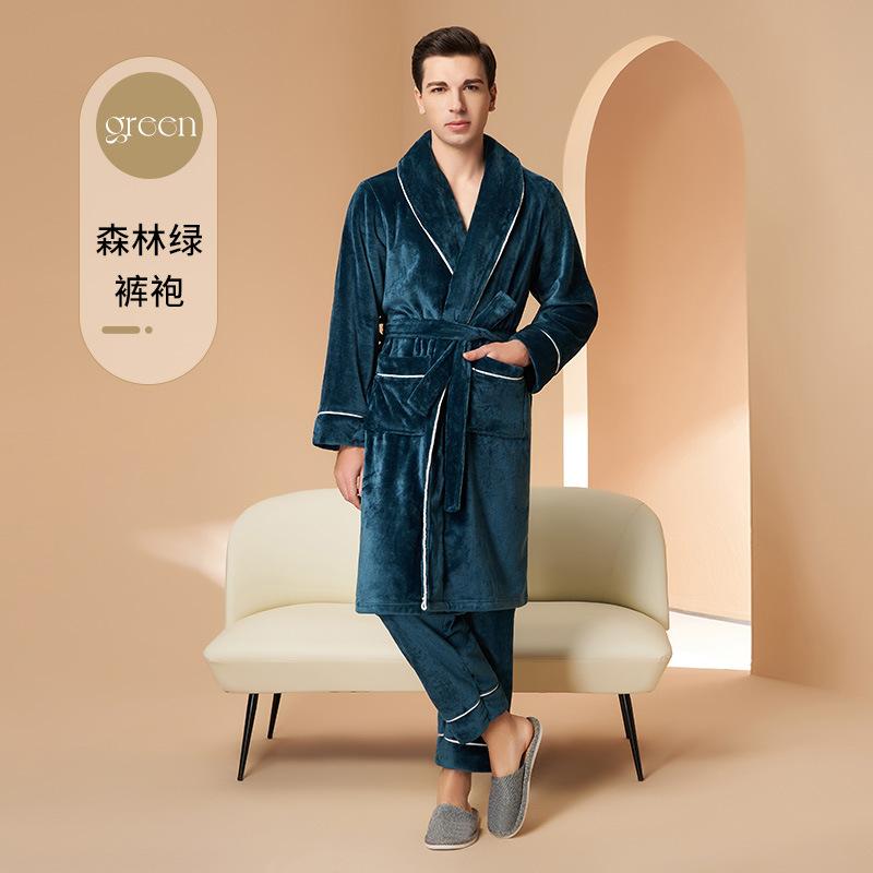 

Парная осенне-зимняя теплая пижама из 2 предметов, мужской утолщенный коралловый флисовый банный халат с V-образным вырезом, на шнуровке и с карманами M зелёный