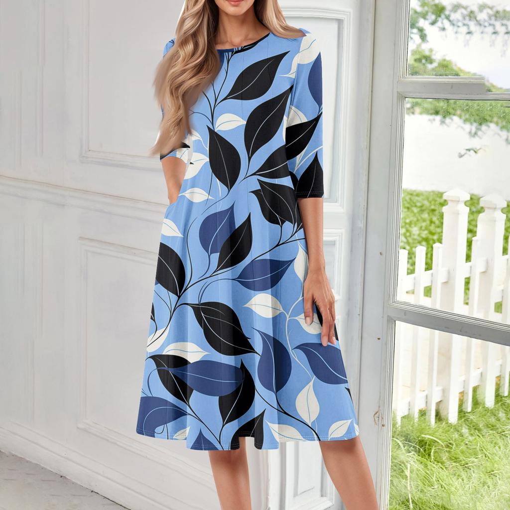 Women's Loose Casual And Fashionable Round Neck Seven Quarter Sleeved Printed Mid Length Dress