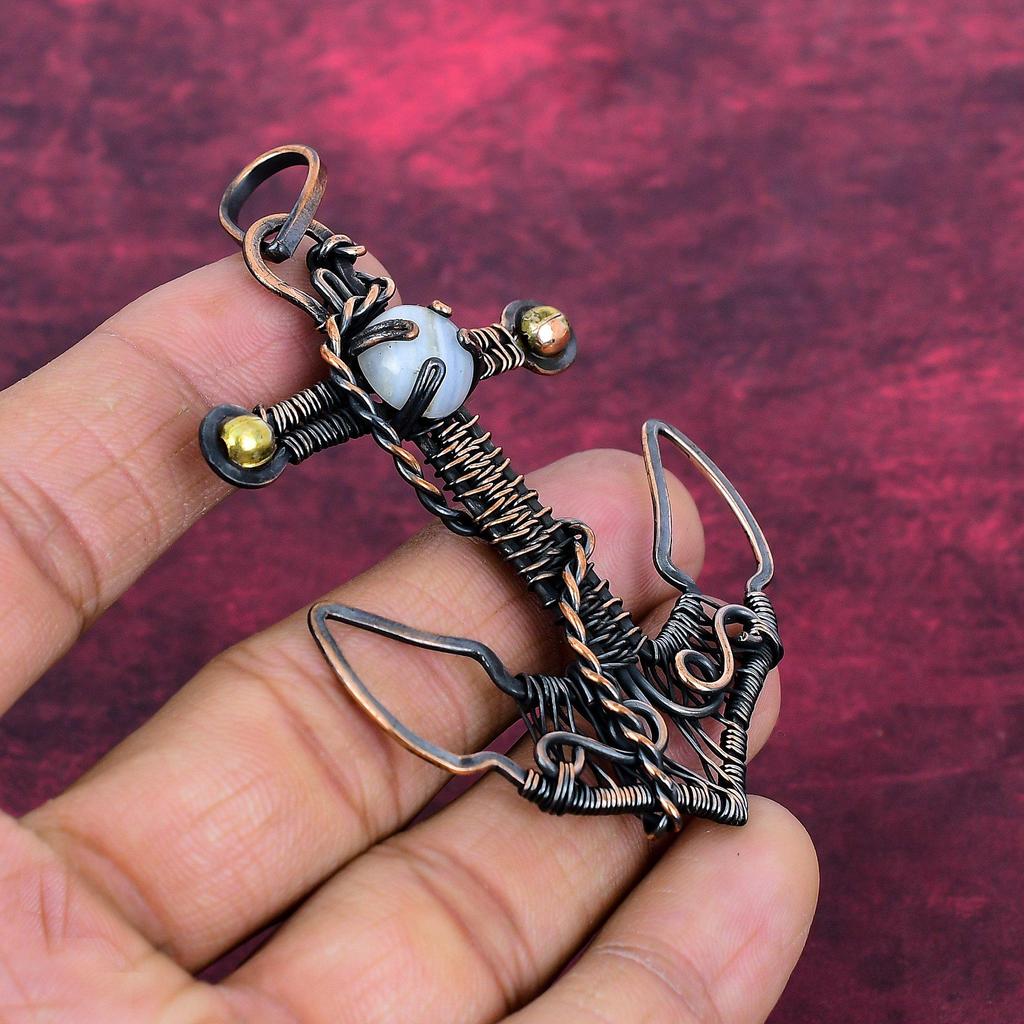 Blue Lace Agate Pendant Gemstone Pendant Copper Wire Wrapped Jewelry Anchor Pendant