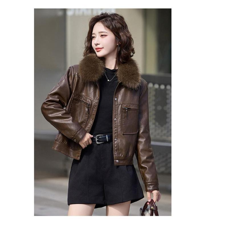 Low Price on The Whole Network, Winter Fur Collar Plush Thickened Foreign Style Fashion Short Lapel Leather Jacket Women's Jacket Buttons