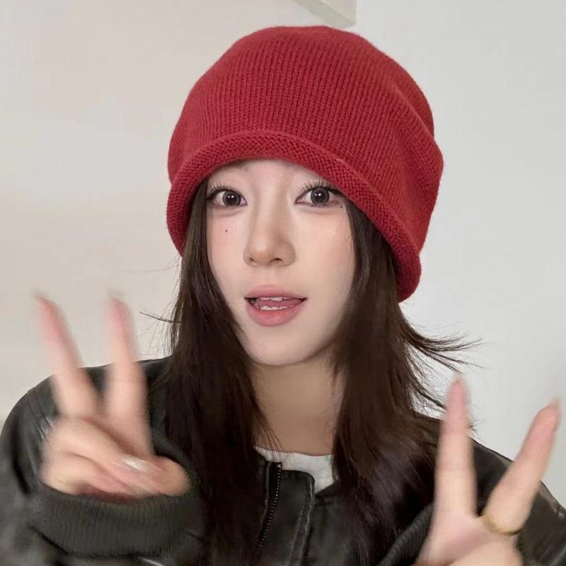 Autumn and winter cold hat women's crimping drawstring stacking hat showing small face big head circumference knitted hat pure cotton high sense