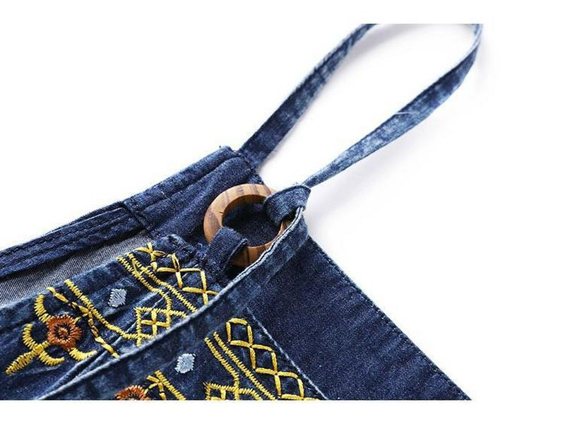 Ethnic Embroidered Denim Strappy Maxi Dress - Slimming Ankle-Length Style