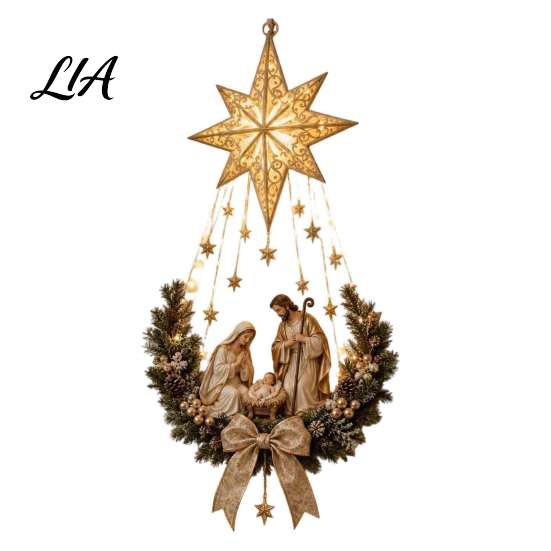 Christmas Star Gift for Family Lighted Nativity Door Swag, Bethlehem of Faith Wall Decor, Light-up Holy Indoor Festive Wreath Hanging Decoration Front