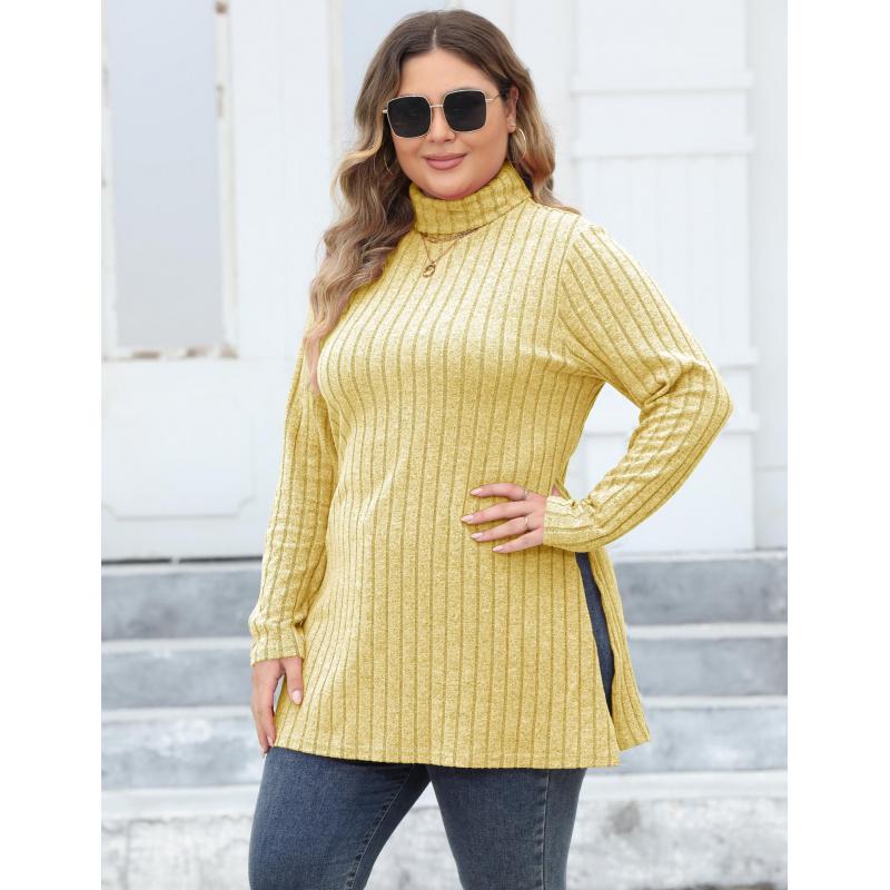 Women's Plus Size High Neck Slim Fit Base Shirt Ribbed Striped Split Mid-Length T-Shirt