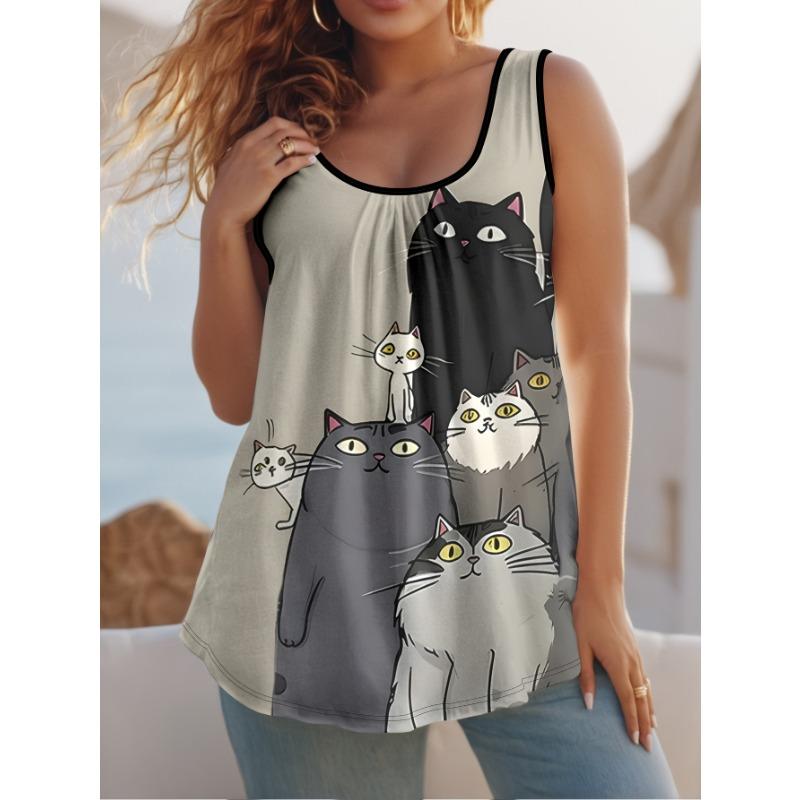 Women s Summer Casual Elegant Vacation Sleeveless Vest - Dark-Colored 3D Print Cartoon Cat Pattern 1XL