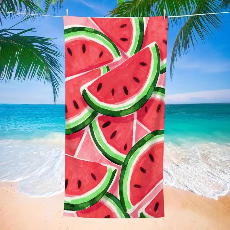 "Hello Summer" Watermelon Print Beach Towel Quick Dry Lightweight Absorbent Tie-Dye Style Fruit Print Towel for Summer Vacation