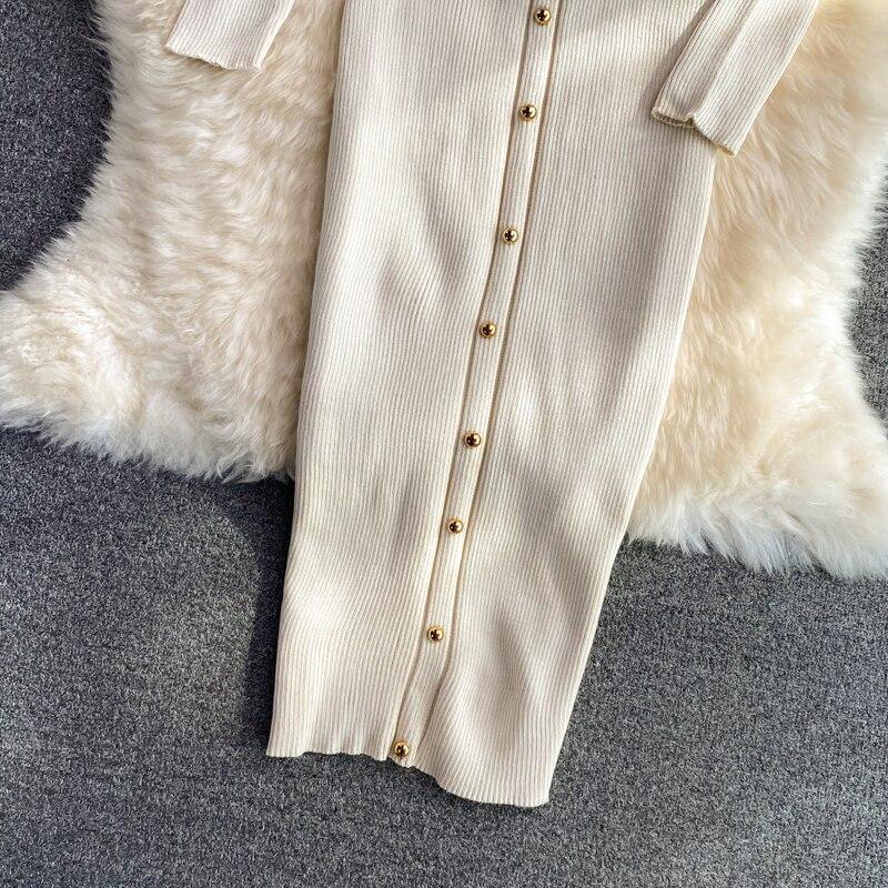 RUGOD Dlouhý rukáv Visící výstřih s výstřihem do V Elastické pletené šaty 2022 Podzim Zima Nový styl Dlouhá sukně s přiléhavým zadečkem