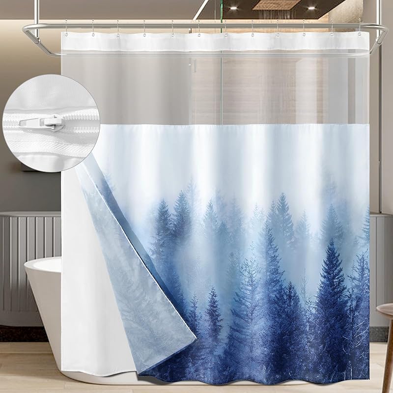 ORTIGIA Misty Forest Shower Curtain with Liner for Bathroom, Dark Green Double Layer Nature Shower Curtain Set with See Through Top Window, Luxury Blue Forest