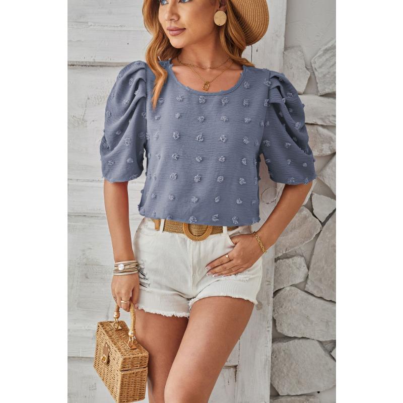 Sommer Damen T-Shirt Gewebter Jacquard Pompon Kurzarm Eckiger Ausschnitt Range Top