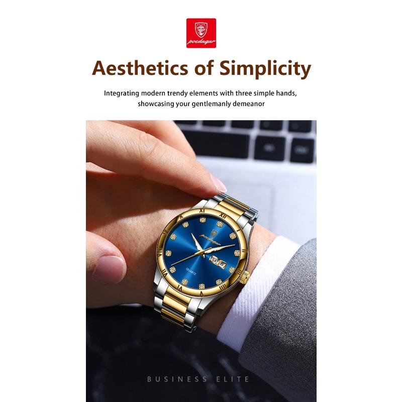 POEDAGAR Top Luxury Watch for Man Date Week Waterproof Luminous Wristwatch Quartz Stainless Steel Men's Watches Sports