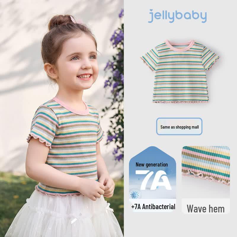 JELLYBABY 7A Антибактериальная полосатая футболка для девочек с коротким рукавом 120