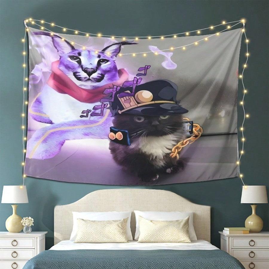 Meme Cat Tapestry Purple Lynx Black Cat Print Polyester Wall Hanging Funny Otaku Decor for Bedroom Living Room