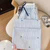 Korean-Style Blue Lace Striped Wide-Leg Pants for Women - Spring/Summer Straight-Leg Casual Trousers with Design-Forward Details