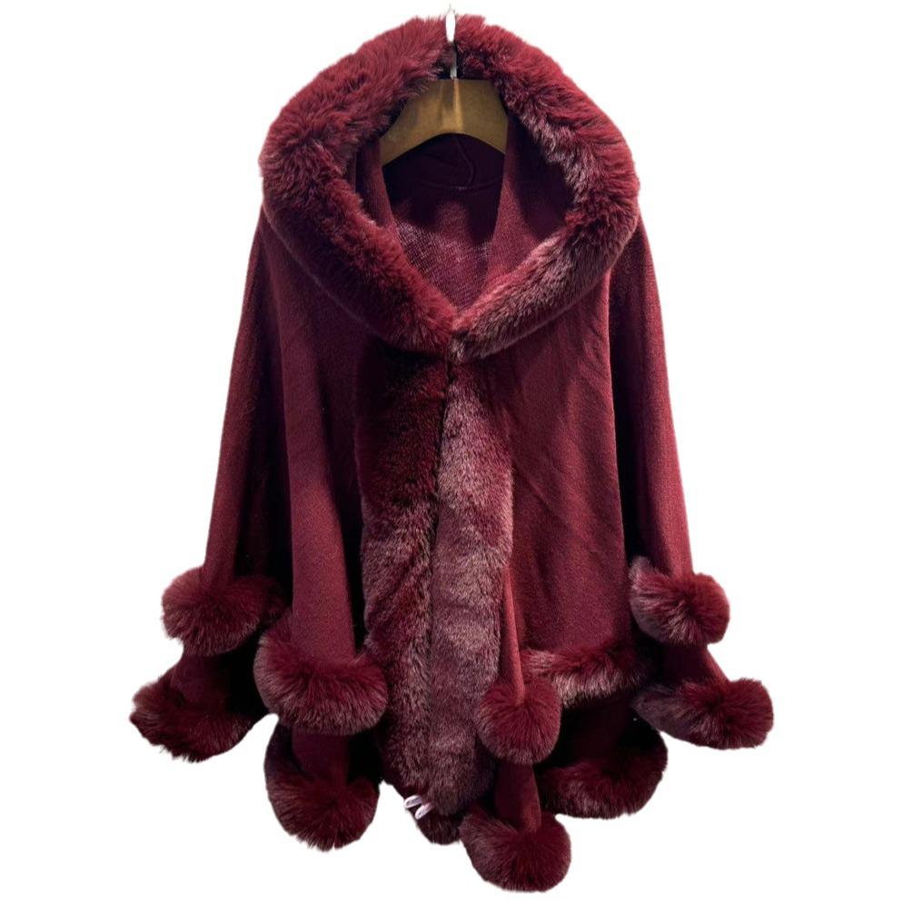 European & American Plus Size Fur Collar Hooded Cloak Shawl Women's Knit Cardigan Cape Coat for Autumn & Winter