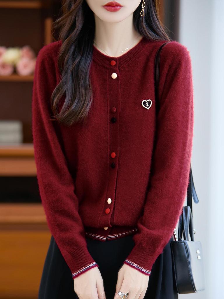 Designer Color Block Wool Cardigan - Heart Buckle, Round Neck, Versatile Casual Sweater for Autumn/Winter