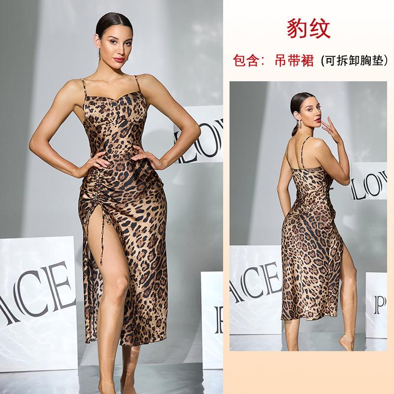 Imitation acetic acid leopard print two-piece nightdress nightgown removable chest pad high split end sexy home set S