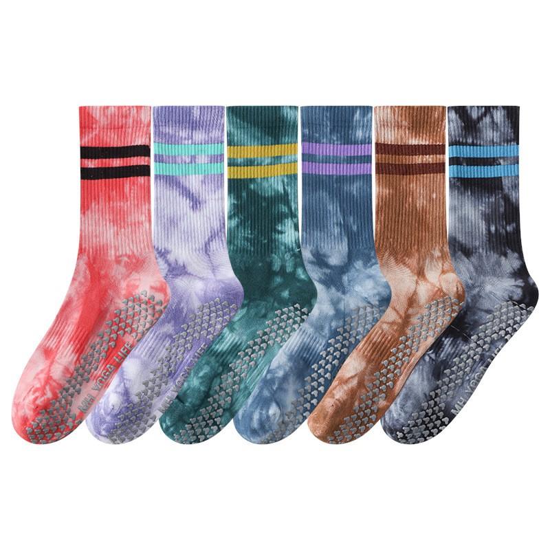 Non-Slip Yoga Socks Women Mid-Calf Cotton Blend Pilates Indoor Workout With Tie-Dye