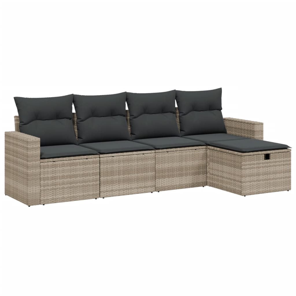 5 Piece Garden Sofa Set with Cushions Light Grey Poly Rattan