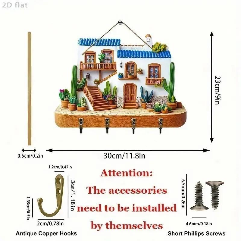 2D Plan, 1 2D Plan, A Cute Villa Wooden Multifunctional Home Keychain with Four Metal Hooks - Wall Decoration, Porch Decoration, Room Decoration