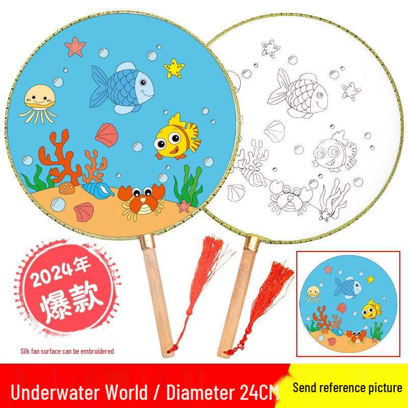 DIY Children's Silk Cloth Round Fan with Bamboo Handle - Palace Style Hand-Painted Kindergarten Craft