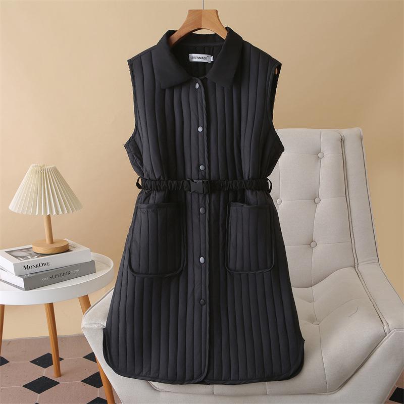 

2025 Autumn/Winter Plus Size Sleeveless Cotton Vest for Women, Lapel, Padded, Waist-Cinched, Mid-Length for Curvy Figures 4XL чорний