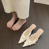 Spring French Net Gauze Flower-shaped Flip-flops for Women with Thin Heels and Pointed Tips Fashionable Cool Flip-flops