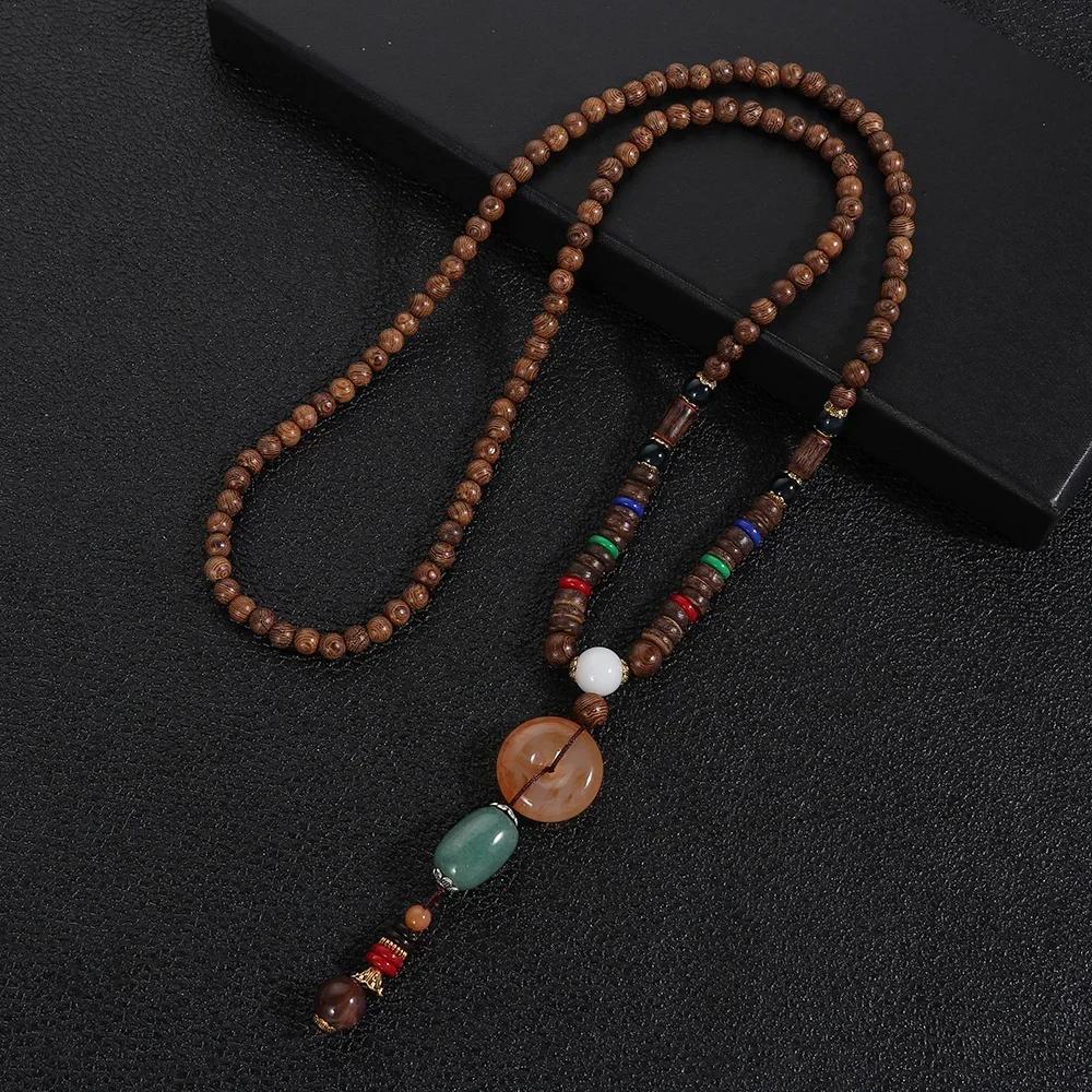 Handmade Nepal Buddhist Mala Bead Pendant Necklace Ethnic Wooden Bead Long Jewelry Gifts For Women