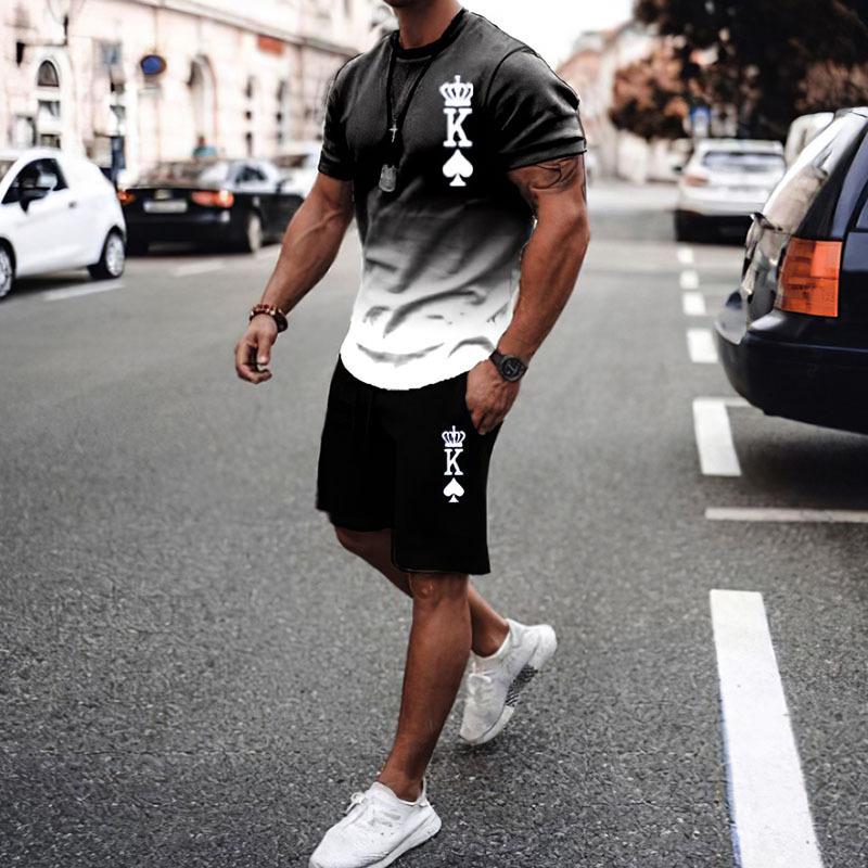 Summer Casual Men's Adult Set 3D Printed Pattern Men's Short-Sleeved T-shirt Set Gradient Cool Casual Sports Shorts two-Piece