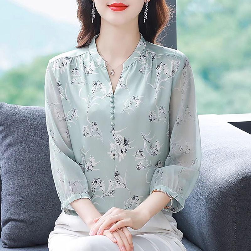 Chemisier en mousseline de soie doux pour femmes, manches bouffantes, hauts et chemisiers coréens pour femmes, cardigan, chemises à imprimé floral, printemps été