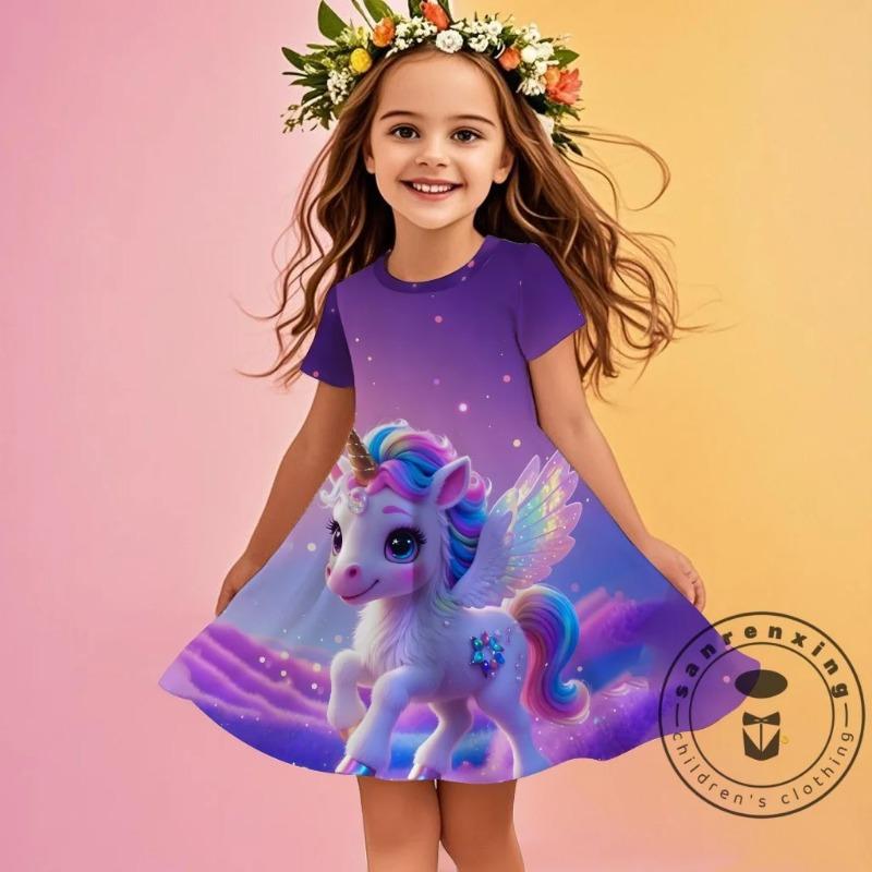 

Платье с коротким рукавом с 3D-принтом «Единорог» Симпатичная одежда для девочек Праздничное платье для детей Повседневное платье принцессы Дышащее, не раздражающее кожу 150