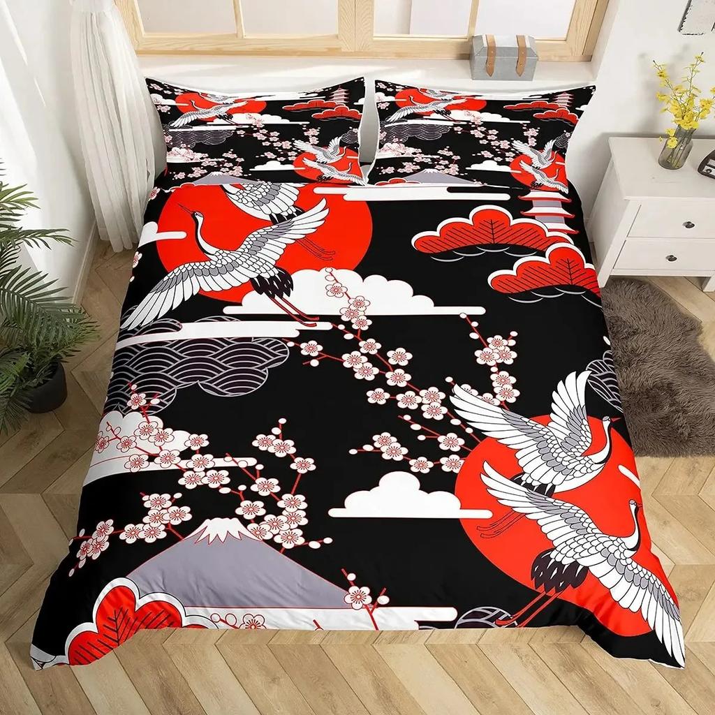 Japanese Style Crane Duvet Cover Set Full Size,Exotic Red Sun Sea Waves Bedding Sets,Vintage Ukiyoe Traditional Comforter Cover