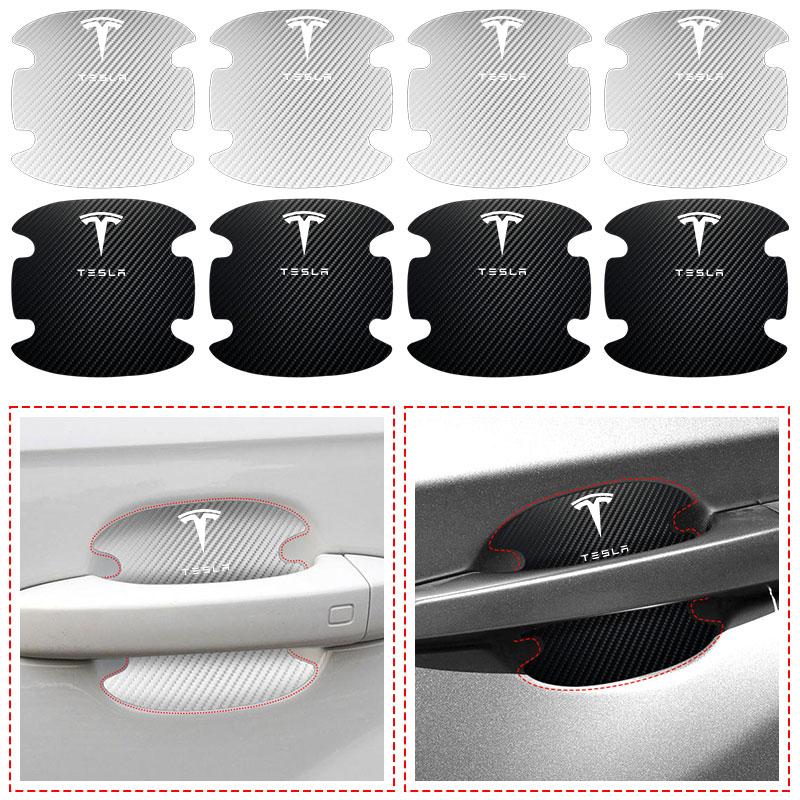 4Pcs/Set Carbon Fiber Scratches Resistant Car Door Handle 3D Sticker For Tesla Model 3 Model S Model X Model Y Roadster Performance Decor