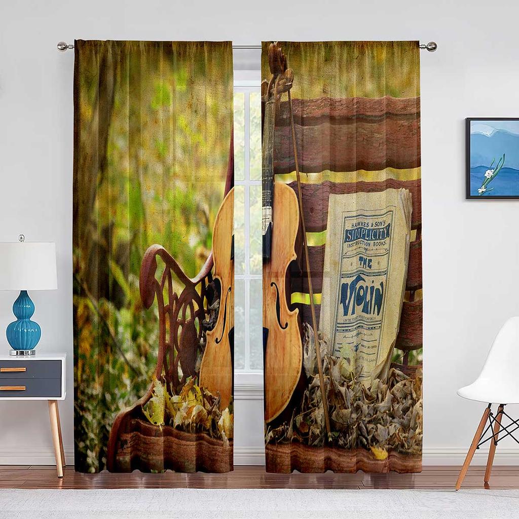 Vintage Fiolin på Trä Skira Voilgardiner för Vardagsrum Sovrum Chiffong Tyllgardiner Kök Fönsterbehandlingar Draperier