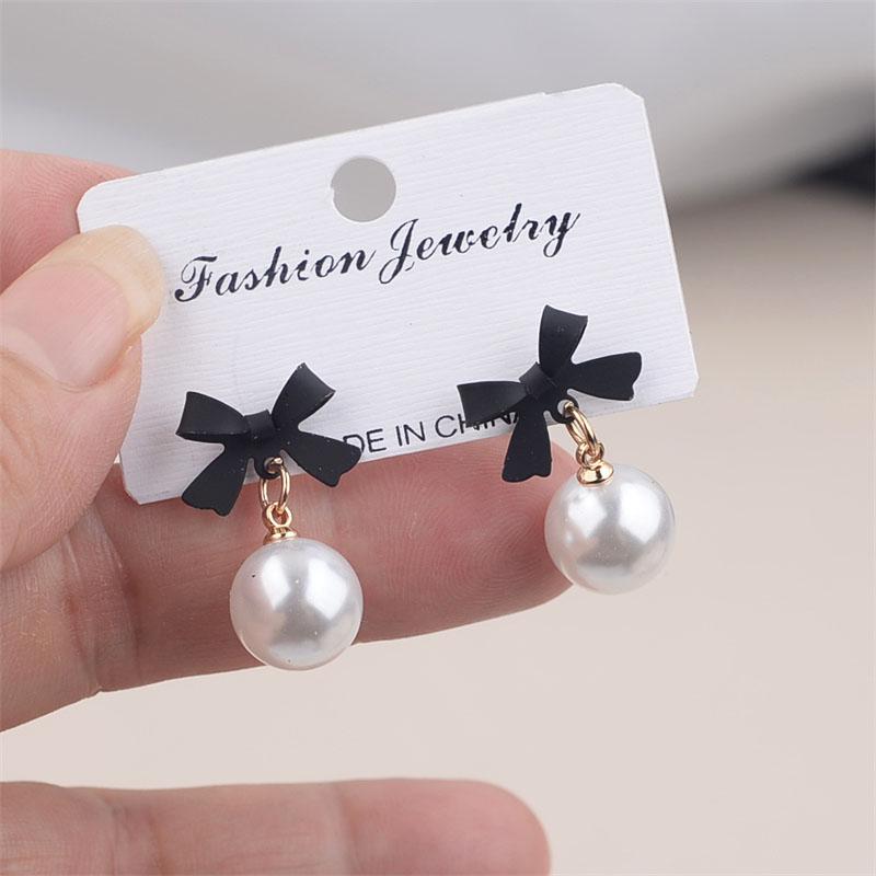 Black Red Bowknot Elegant Hanging Earrings Imitation Pearl Ball Pendants Korean Fashion Sweet Small Earrings Brincos 2025 New