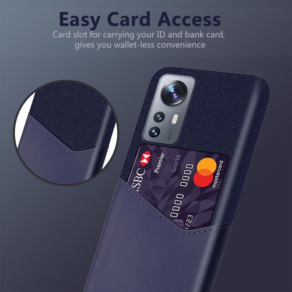 

For Xiaomi 12 5G/12X 5G/12S 5G Card Holder Anti-drop Phone Cover Cloth+PC+PU Leather Hybrid Case Blue