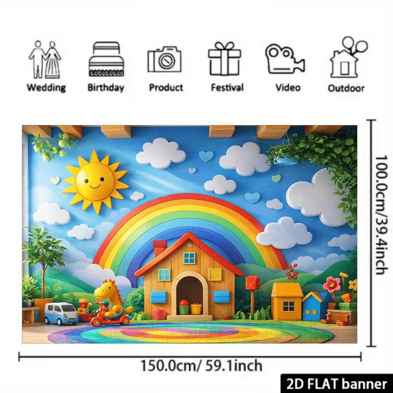 2D Whimsical Playroom with Sun & Clouds Kids Decor Banner