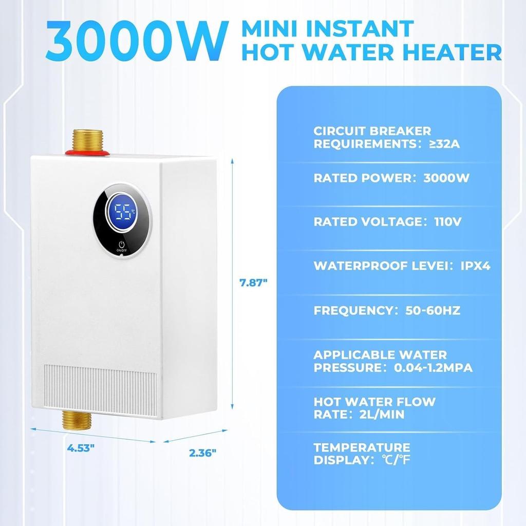 Tankless Water Heater Electric 110V, 3000W Under Sink Instant On Demand Hot Water Heater, Portable Mini Water Heaters with Digital Display for Kitchen