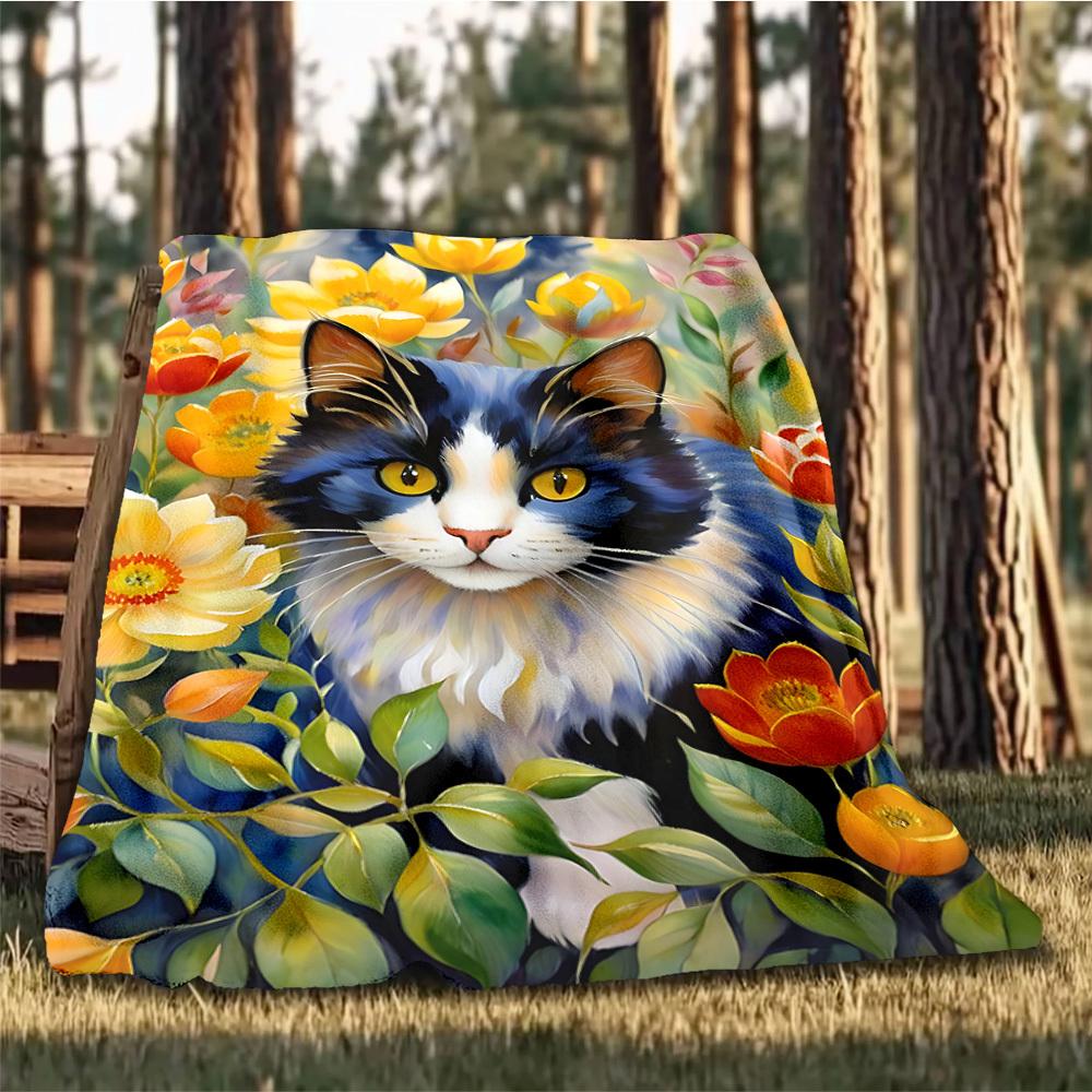 1pc Cat Flowers Outdoor Flannel Blanket , Machine Washable Perfect Gift for Birthday , Holiday Travel Accessory , Durable Material