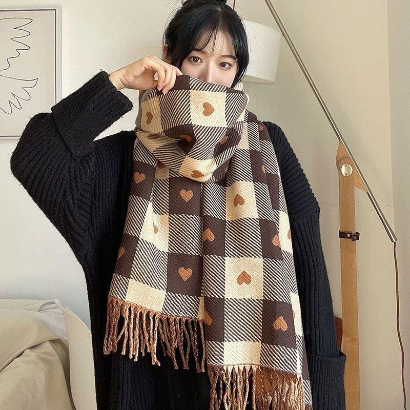 New Bear Hair Plaid Imitation Cashmere Thickened Autumn and Winter Warm Scarf Fashionable and Versatile Double Sided Love Tassel Scarf