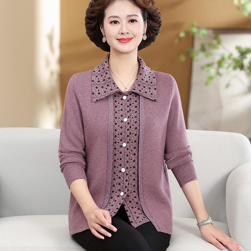 Modischer Patchwork-Strickjacke für Frauen mittleren Alters & ältere Frauen, Übergröße, Gestricktes Herbst/Winter Zweiteiler-Set